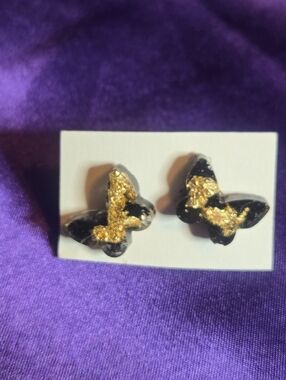 Gold and Black Stone Butterfly Shaped Resin Stud Earrings